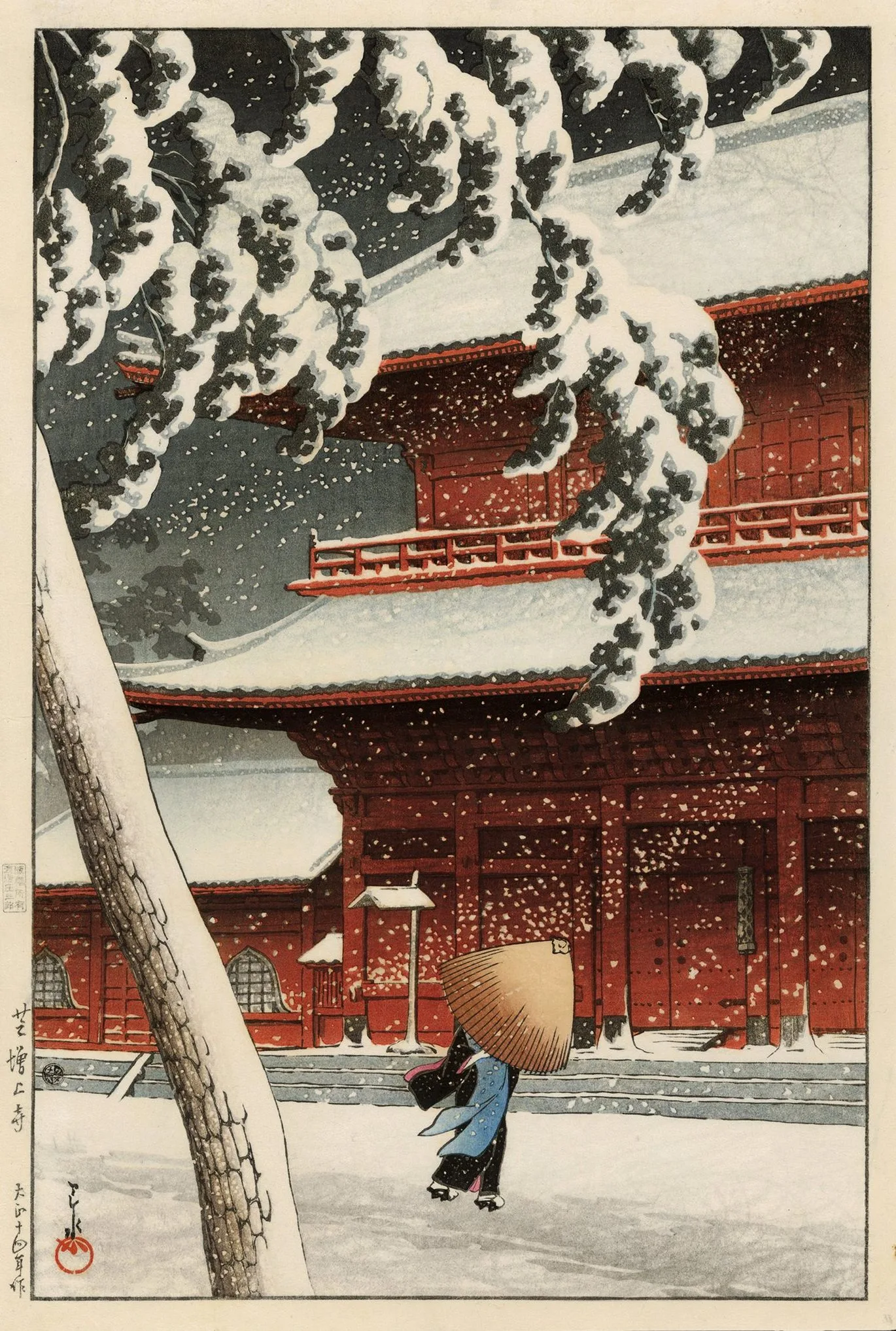 Woodblock print by Kawase Hasui, 1922: a temple gate under snow